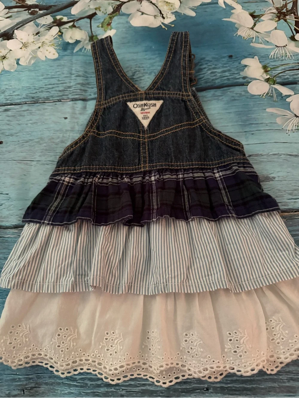 Retro OshKosh B'gosh Denim Tiered Layered Ruffle Overall Dress 18M